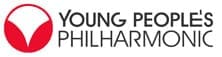 Logo of the Young People's Philharmonic featuring a red circle with a white abstract design and the organization's name in black text.