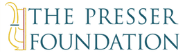 Logo of The Presser Foundation with stylized text and a decorative musical note design on the left.