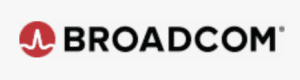 Logo of Broadcom, featuring the company's name in bold black letters with a red circle containing a white wave design on the left.